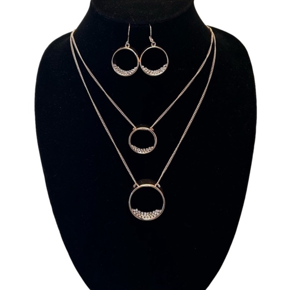 Rose Gold Tone Metal with Crystals Set Dangle Earrings Long Necklace - Picture 2 of 11